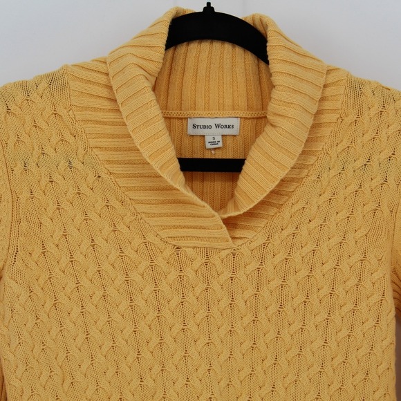 Studio Works $48 Small Golden Yellow Cable Knit Shawl‎ Collar Pullover Sweater - Picture 5 of 12